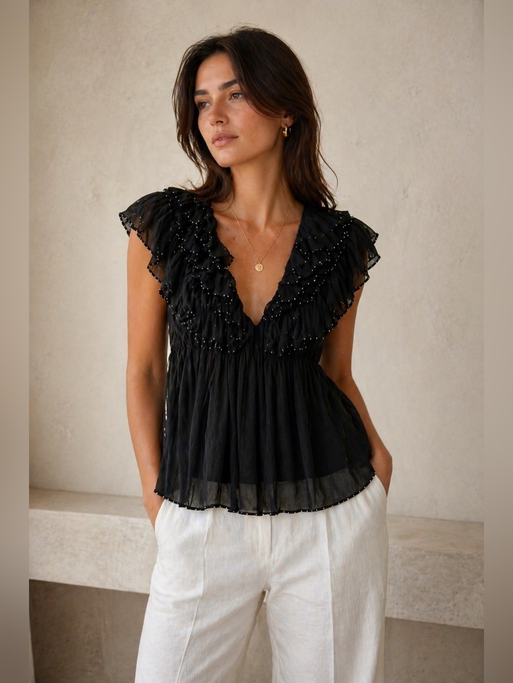 Vintage Y2K 100% Silk Italian Black Ruffle Blouse Beaded V-Neck Top Luxury M